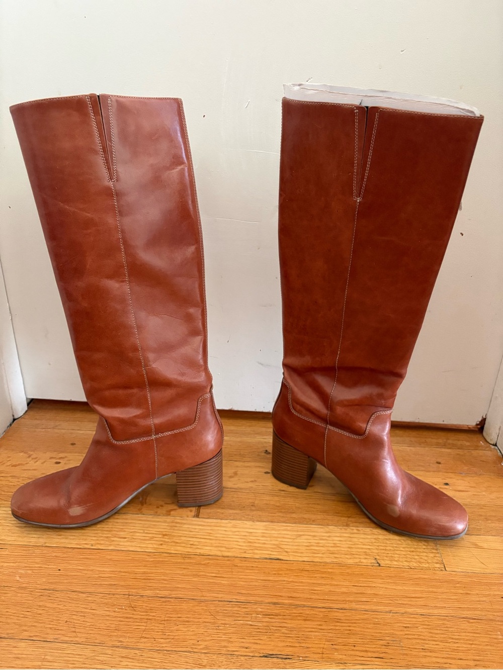 Anthropologie Tall Leather Block Heel Boots - Chestnut Brown